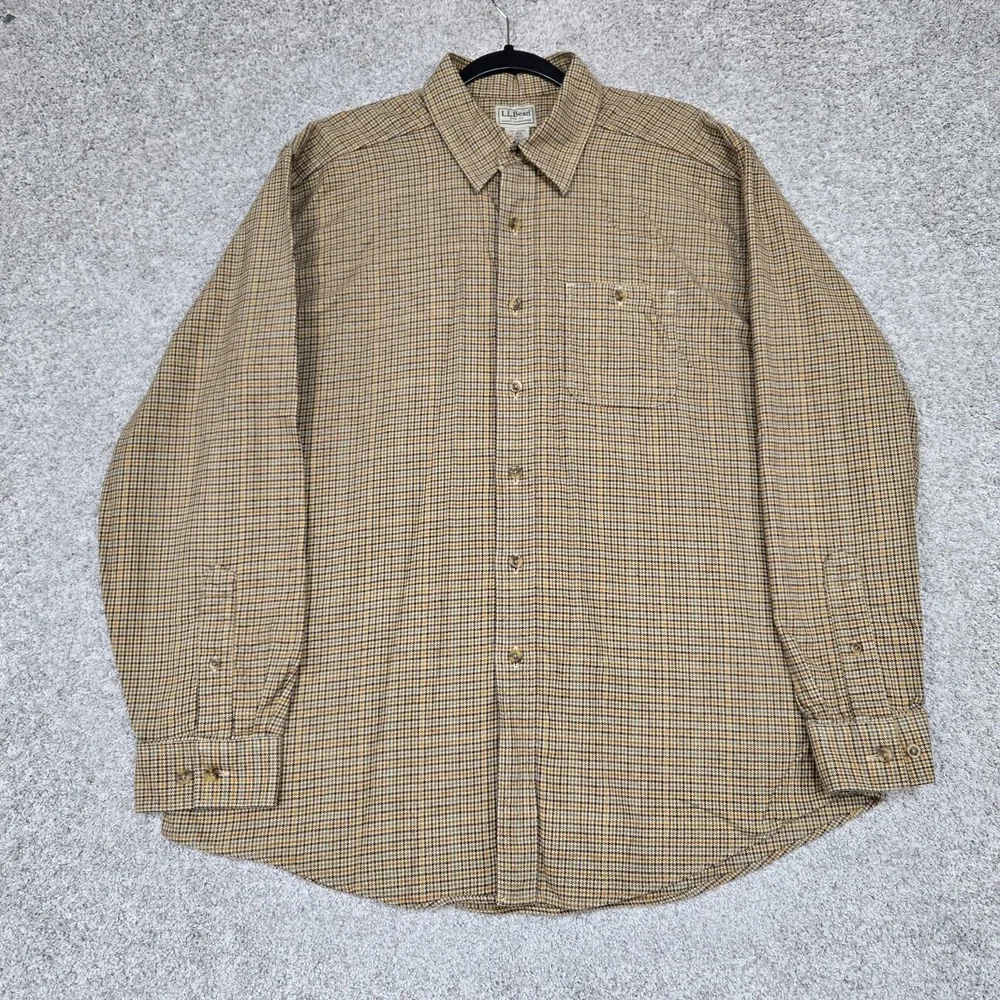 L.L. Bean shirt Men's Large Long Sleeve brown tan Gray Houndstooth RARE - Picture 2 of 8